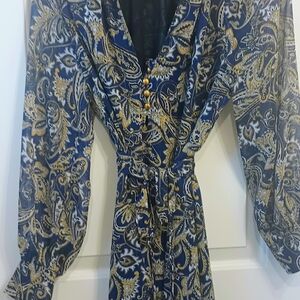 Zara Navy and Gold Paisley Long Sleeve Dress